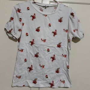 Iris White Top with Red Floral Design